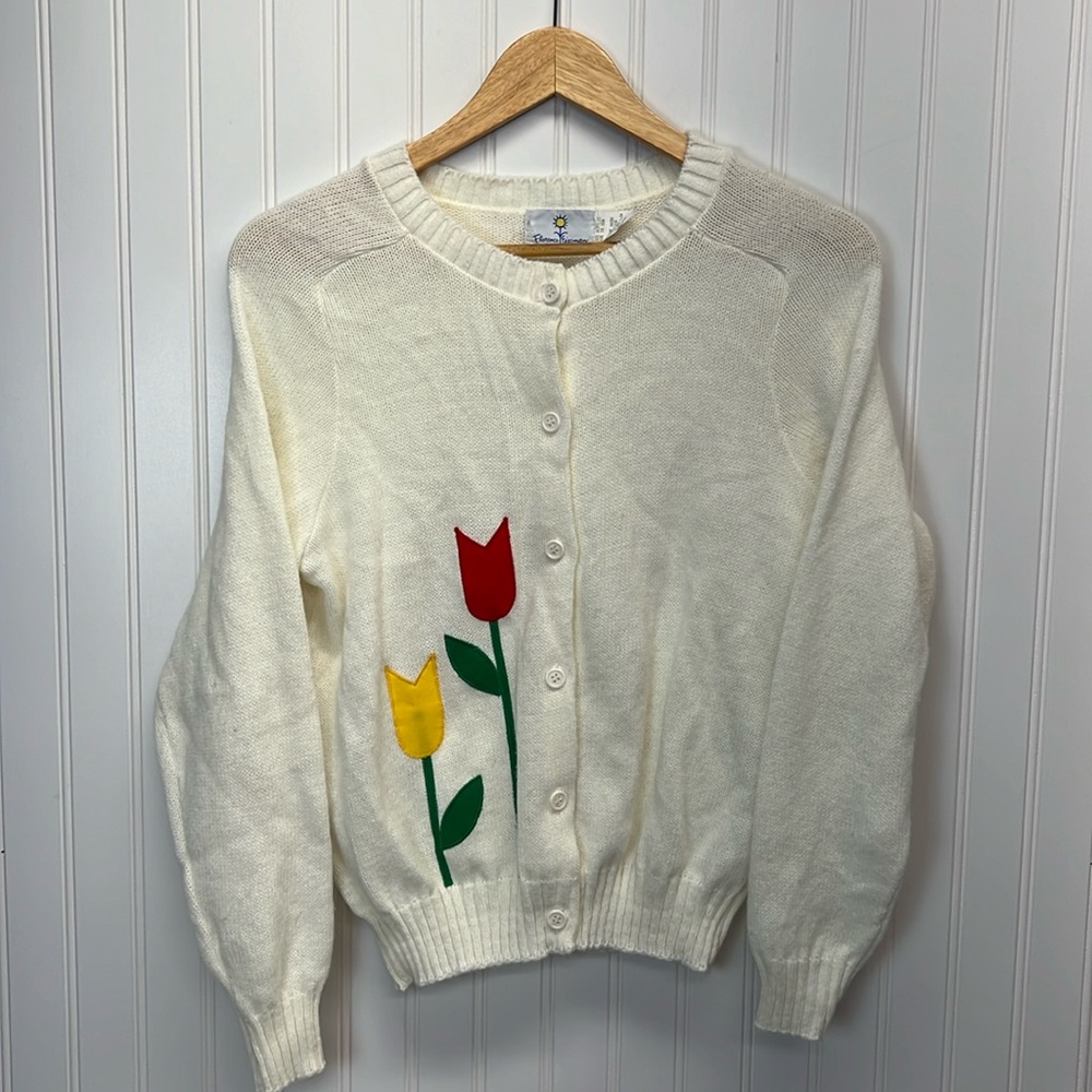 Vintage Girls Florence Eiseman White Tulip Appliqué Knit Cardigan‎ S 14
